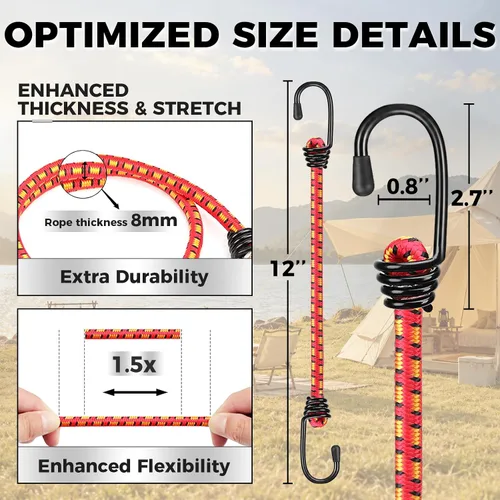 Vista 2 de 10-Piece 12" Elastic Bungee Cords with Hooks, Heavy Duty Outdoor Elastic Bungee Cords, Bungee Cord Bundle with Metal Hook for Securing Tarps 10pcs