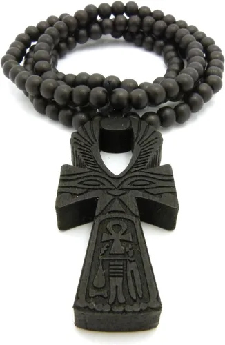 Vista 2 de Grabado Egipcio Ankh Colgante 8mm 36" Bead Collar de madera (3colores disponibles)