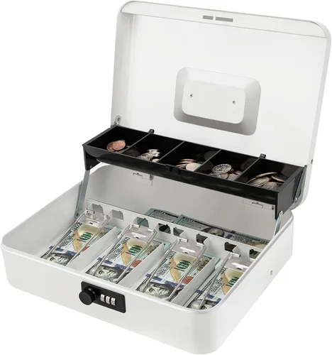 Vista 20 de Jssmst - Caja de efectivo de metal grande con bandeja de dinero,Caja de bloqueo