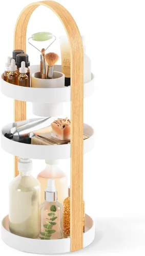 Vista 10 de Umbra Bellwood Caddy, organizador para maquillaje y cosméticos, contenedor ligero y duradero con mango de madera y divisores extraíbles, pequeño