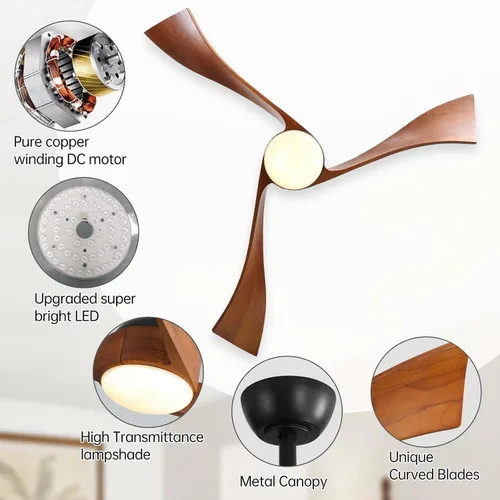 Vista 6 de Sofucor - Ventiladores de techo de 52 pulgadas con luces, ventilador de techo de madera sólida para interiores/exteriores con control remoto, motor