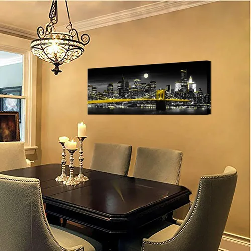 Vista 4 de Biuteawal Impresión en lienzo amarillo en blanco y negro de la ciudad de Nueva York, puente de Brooklyn en la noche de la luna, pintura fotográfica