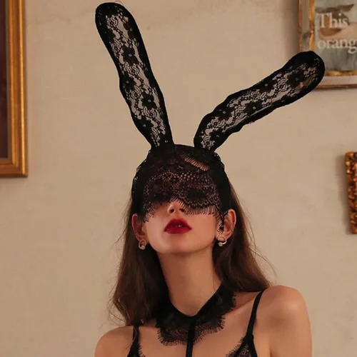 Vista 5 de EVILD Diadema negra con orejas de conejo de encaje, decoración de fiesta, banda para el cabello