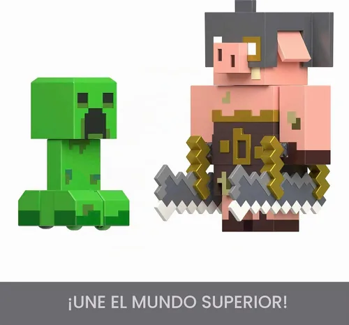Vista 5 de Mattel Minecraft Legends - Figura de acción de 2 unidades, juego de Creeper vs Piglin Bruiser, juguetes coleccionables Attack & React, escala
