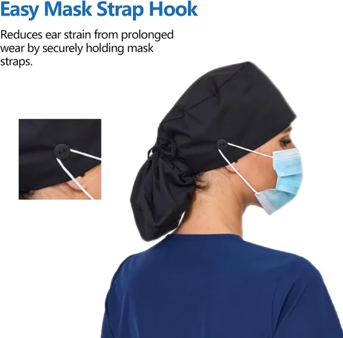 Vista 3 de Gorra médica con forro de satén con bolsillo para cola de caballo, gorro de enfermera médica de algodón con banda elástica para el sudor