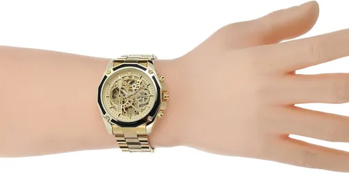 Vista 7 de FORSINING Reloj de esqueleto analógico automático para hombre con pulsera de acero inoxidable, Oro, Automático, reloj esqueleto