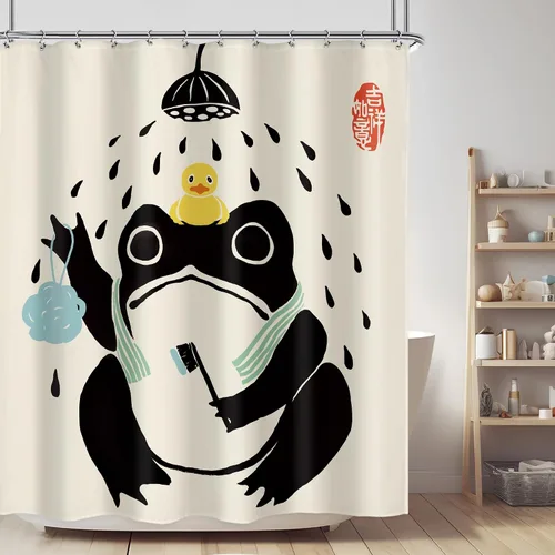 Vista 20 de Juego Divertido de Cortina de Rana Retro para Ducha, Juego de Baño 48x71 Pulgadas, Estilo Asiático Lindo, Arte Japonés Tradicional de Pato de Goma