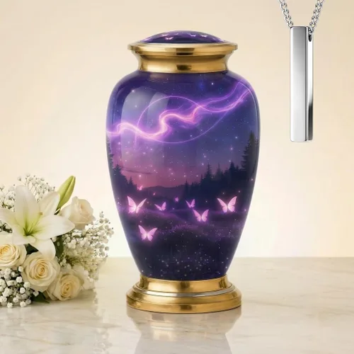 Vista 15 de Juego de 6 urnas de cremación decorativas personalizadas con diseño de mariposa azul para cenizas humanas, incluye 1 urna grande para cenizas