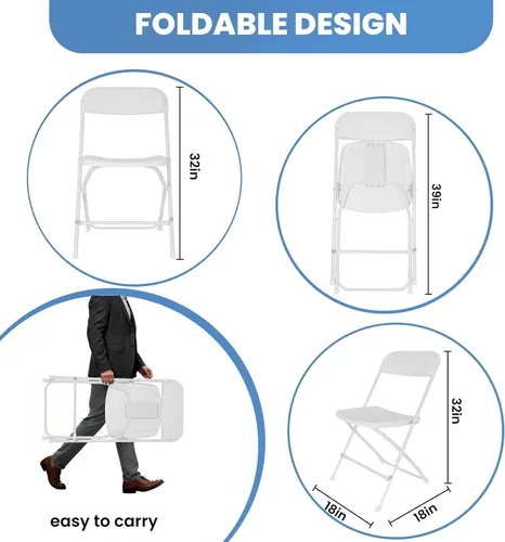 Vista 3 de Heavy-Duty Folding Chairs 10 Pack, White, Commercial Grade Steel Frame & Durable Plastic Seat, 350-lb Static Capacity, Foldable and Stackable for