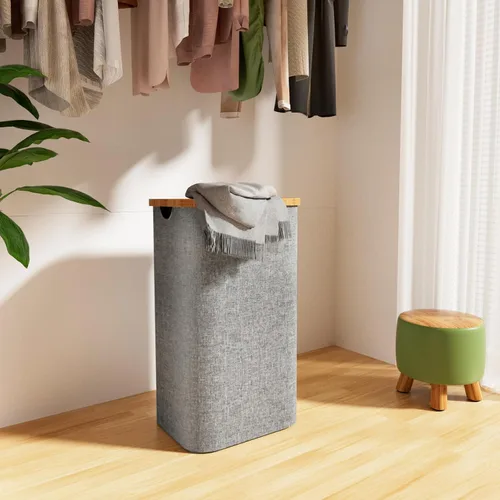 Vista 6 de Cesta de lavandería de 100 litros con tapa, cesta para la ropa sucia con asas de bambú y bolsa interior extraíble, cestas de ropa para lavandería