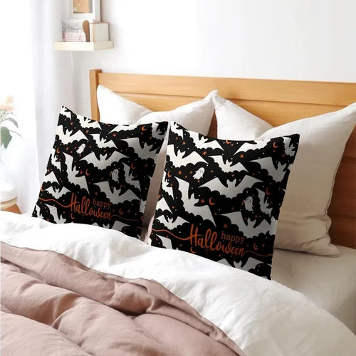 Vista 8 de Happy Halloween - Juego de 2 fundas de almohada decorativas de lino y algodón negro con diseño de murciélago blanco de 16 x 16 pulgadas, fundas
