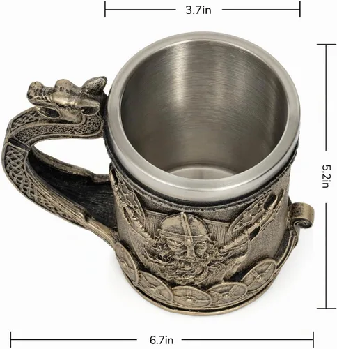 Vista 3 de CHICVITA Taza de cerveza vikinga con mango de dragón, taza de café, 18 Marrón