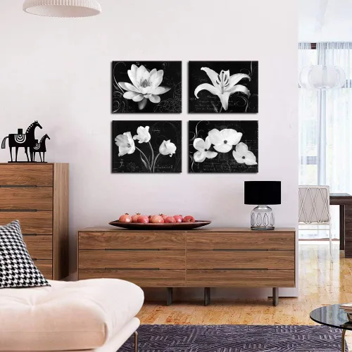 Vista 5 de Biuteawal - Impresiones en lienzo de flores, arte de magnolia lirio, pintura floral en blanco y negro, impresiones en lienzo para decoración