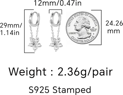 Vista 7 de Reffeer 925 Sterling Silver Flower Chain Drop Earrings Hoop for Women Teens Huggie Hoop Dangle Earrings Chain A-Plata