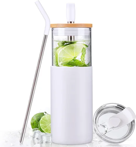 Vista 11 de Kodrine Vaso para agua de vidrio de 20 onzas con popote y tapa, botella de agua con tapas de bambú, taza para café helado, reutilizable, boca ancha