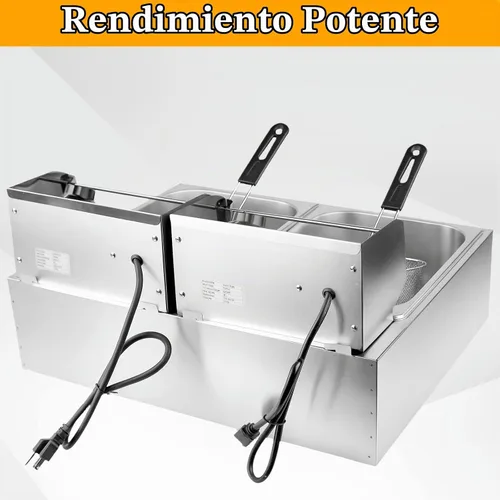 Vista 8 de Freidora eléctrica comercial, freidora de acero inoxidable de doble tanque de 12 litros con 2 cestas y tapas, freidora de restaurante de 5000 W