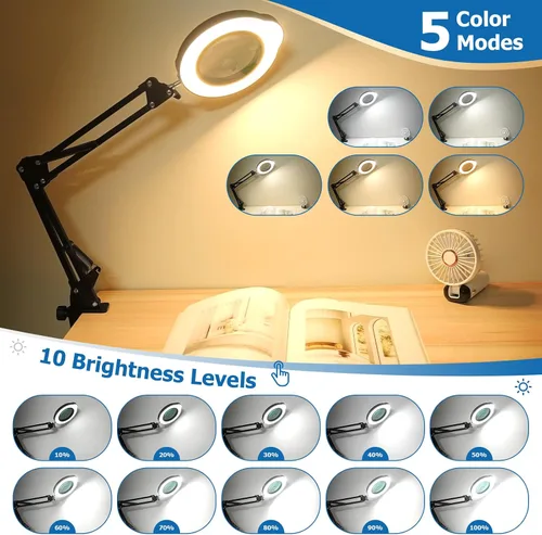 Vista 3 de Lupa de 15X 30X con luz y soporte, lámpara de escritorio LED con base y abrazadera, 5 modos de color, 10 niveles regulables, lupa manos libres