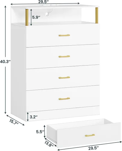 Vista 2 de AOGLLATI Cómoda blanca para dormitorio con diseño de columna, cómoda de 4 cajones con estación de carga, cómoda moderna led alta para dormitorio