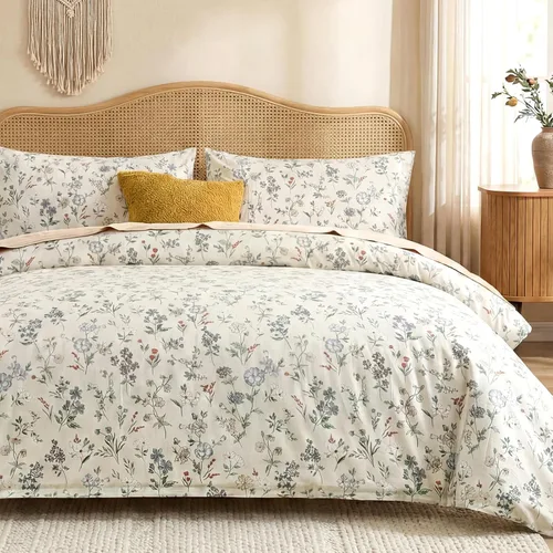 Vista 28 de Juego de edredón floral azul tamaño Queen, juego de ropa de cama botánica azul 100% algodón, edredón suave transpirable de 3 piezas y 2 fundas