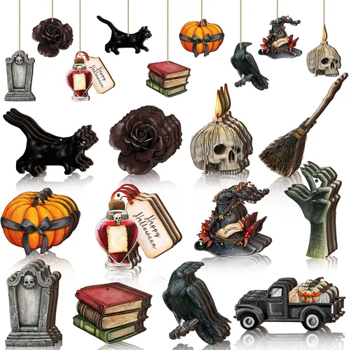 Vista 7 de Maitys 36 piezas de adornos de Navidad góticos, adornos de árbol de Navidad de madera espeluznantes de terror, fantasmas morados y rosas, gato