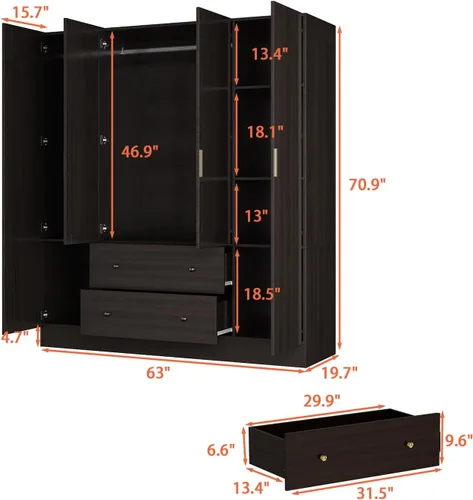 Vista 2 de AGOTENI Armario grande para dormitorio con 1 espejo y 2 cajones, armario de 70.9 pulgadas de alto con puertas y estantes, barra para colgar