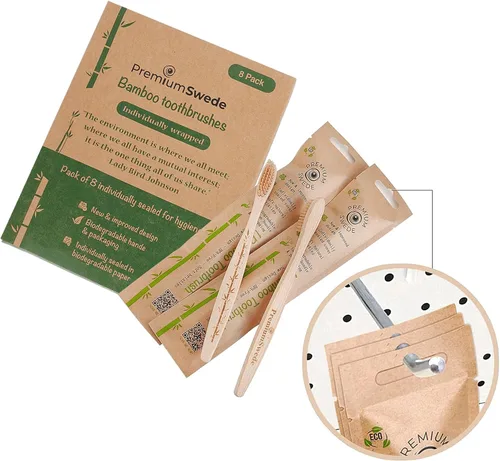 Vista 5 de Cepillos de dientes de bambú cerdas suaves para adultos, paquete de 8 cepillos de dientes de bambú ecológicos envueltos individualmente, cepillo
