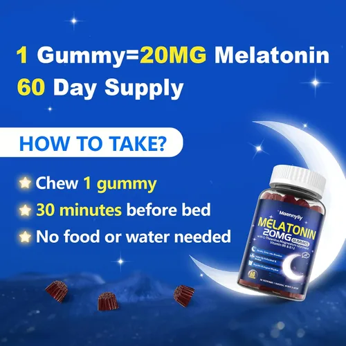 Vista 7 de Gomitas de melatonina de 20 mg para adultos - Gomitas de melatonina sin azúcar de fuerza extra con L-teanina, magnesio, ashwagandha, cúrcuma, D3
