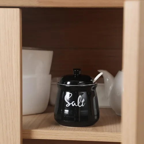 Vista 6 de Cuenco de sal de porcelana con tapa y cuchara de 12 onzas, fácil de limpiar (negro)