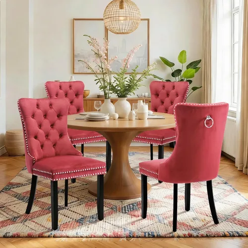 Vista 77 de Juego de 2 sillas de comedor de terciopelo con patas de madera, color beige Mid Century Modern Dining Chairs,Upholstered Chairs with Nailhead