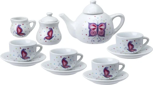 Vista 3 de Alex Chasing Butterflies - Juego de té de cerámica para niños, 13 piezas, incluye 4 tazas de té, 4 platillos, tetera con tapa, azucarero con tapa