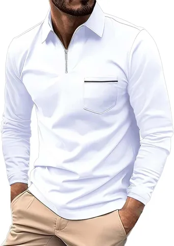 Vista 9 de Polo con cremallera de un cuarto para hombre, manga larga, ajustada, elástica, cuello para golf, oficina y trabajo
