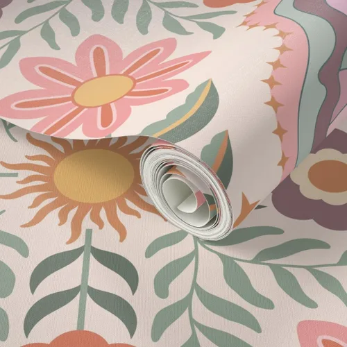 Vista 2 de Despegar y pegar muestra de papel tapiz – Boho Floral Retro Eyes Adolescente Femenino Adolescente Femenino Flores Bohemio Femenino Niños Sol