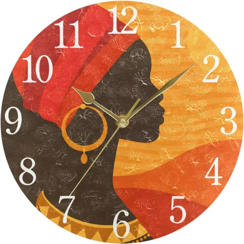 Vista 5 de senya Wall Clock African American Woman Silent Non Ticking Operated Round Easy to Read Home Office School Clock