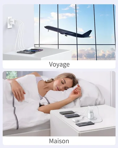 Vista 6 de Bloque de cargador USB C de 45 W, paquete de 2 cargadores de pared plegables, cargador de 3 puertos tipo C, bloque de carga rápida multipuerto