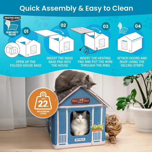 Vista 2 de Casa climatizada de lujo para gatos para invierno, resistente a la intemperie, aislada, fácil montaje, almohadilla térmica para gatos, puertas