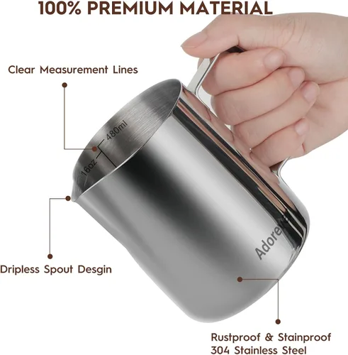Vista 2 de Adorever Jarra espumadora de leche, taza espumadora de leche de acero inoxidable de 16 onzas y 16.2 fl oz, barra de café, cafetera de capuchino
