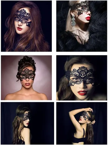 Vista 2 de Máscara de encaje negro para mujer, paquete de 6 máscaras de fiesta de disfraces