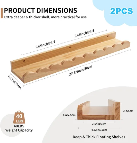 Vista 2 de Estantes flotantes festoneados para guardería, juego de 2 estantes flotantes de madera de pino maciza montados en la pared con borde ondulado