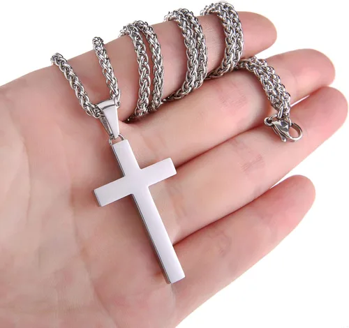 Vista 4 de P. BLAKE Collar con colgante de cruz de acero inoxidable para hombres y niños, colgante de cruz cristiana con cadena de 24 pulgadas