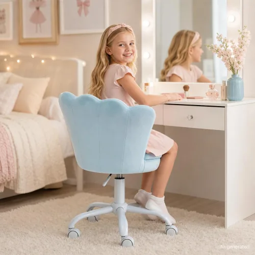 Vista 7 de Silla de escritorio para niños, silla de estudio ergonómica ajustable Silla giratoria tapizada de terciopelo para niños, silla de computadora Azul