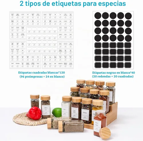 Vista 3 de Tarros de especias de vidrio de 4 onzas con tapas de bambú, paquete de 16 botellas de especias 120ml Seasoning Containers Empty Spice Jars with