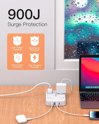 Vista 6 de Cable de Extensión 15 pies, BESHON - Regleta de Alimentación Larga con 2 USB C, Regleta de Alimentación de Enchufe Plano, 4 Salidas y 4 Puertos