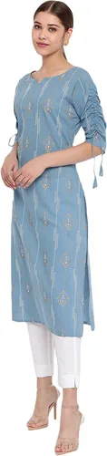 Vista 4 de Janasya Kurta de algodón estampado de mangas azules para mujer india