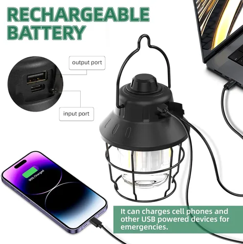 Vista 3 de Linterna LED recargable para campamento, mini linterna impermeable retro portátil, 1000 lm, 3 modos de luz (2700-6500 K) brillo de atenuación