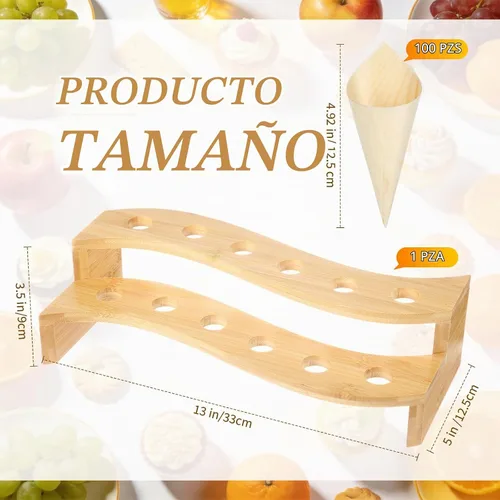 Vista 2 de Queekay - 100 conos de charcutería con soporte para conos de alimentos, curvos, bambú