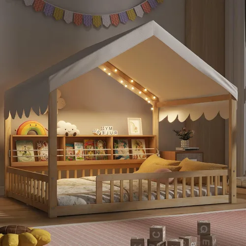 Vista 10 de Harper & Bright Designs Marco de cama de piso de casa de tamaño individual con barandillas de techo y valla, cama Montessori de madera maciza, fácil