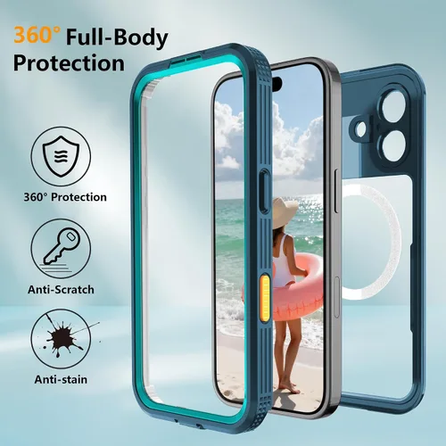Vista 7 de Funda impermeable para iPhone 17 con protector de lente de cámara de pantalla integrado, a prueba de polvo 360, cuerpo completo, resistente, grado