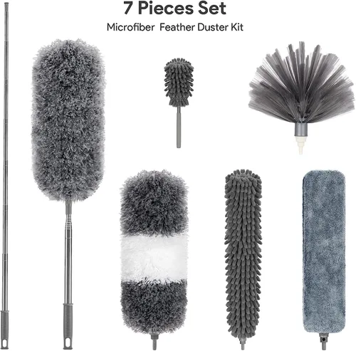 Vista 7 de Kit de plumero de microfibra para techo alto (7 unidades), plumeros para limpieza, plumero reutilizable y flexible lavable con poste de extensión