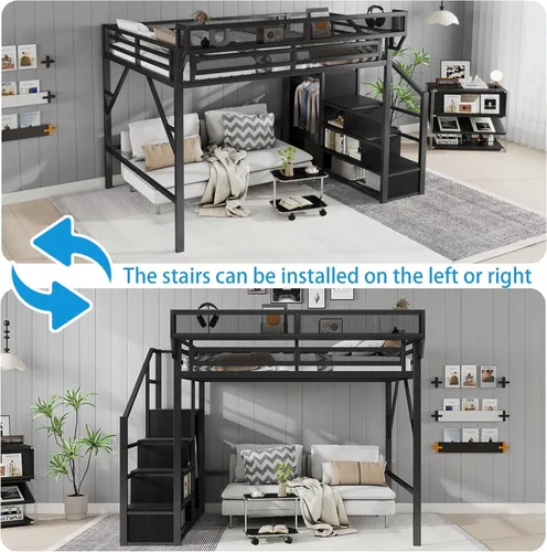 Vista 6 de Mirightone Cama elevada de tamaño completo con escaleras, camas elevadas de metal, estructura de cama elevada con estantes de almacenamiento, cama