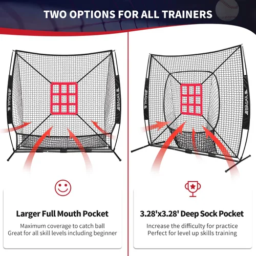 Vista 7 de BAGAIL 7x7 ft Baseball Softball Practice Net Sturdy Bow Frame, Heavy-Duty Mesh for Strong Hits, Including 2 Strike Zones, Carry Bag, Ground